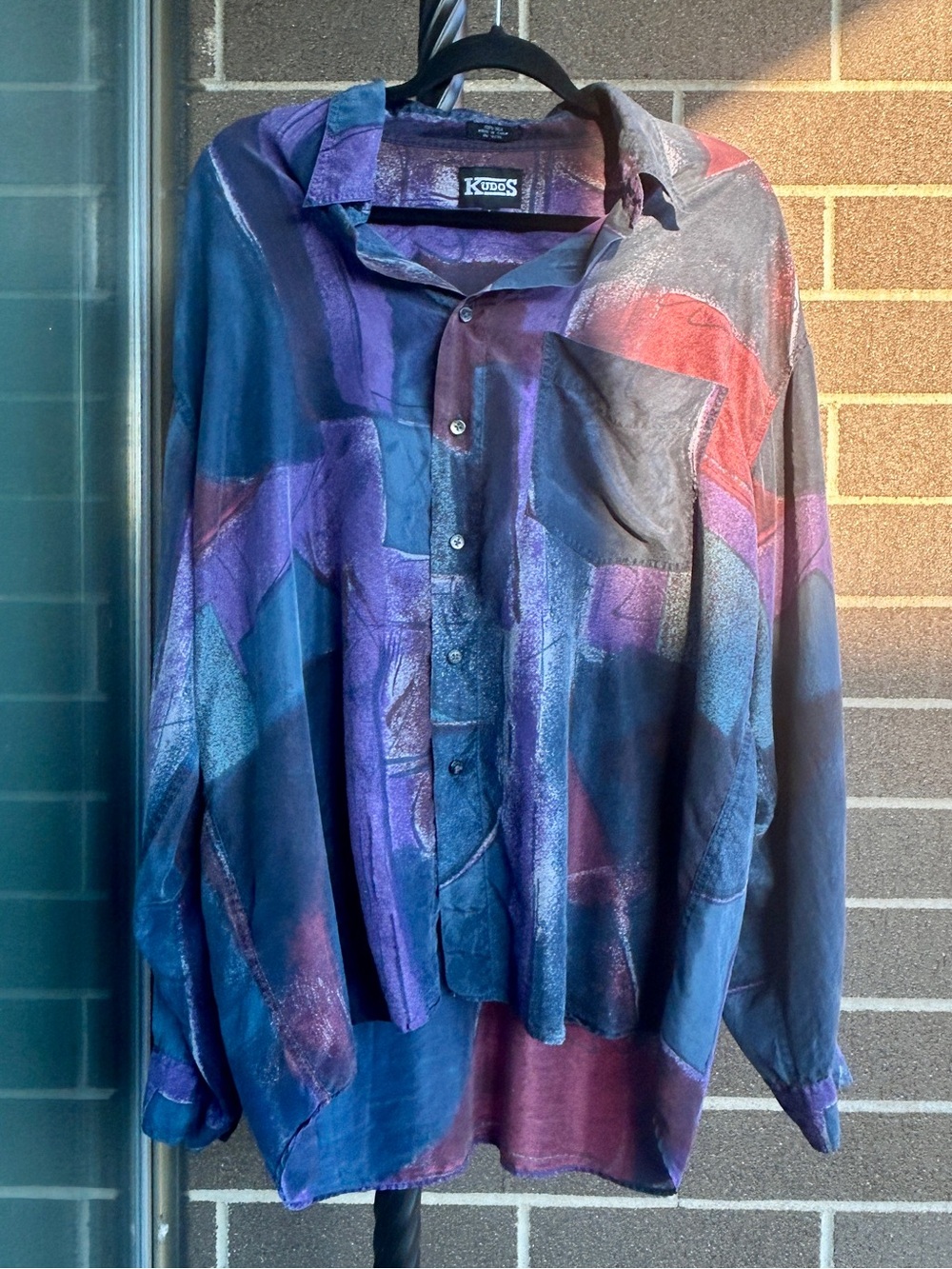 Vintage Kudos Jewel Tone Multicolor Abstract Button-Down Silk Shirt | Men’s L